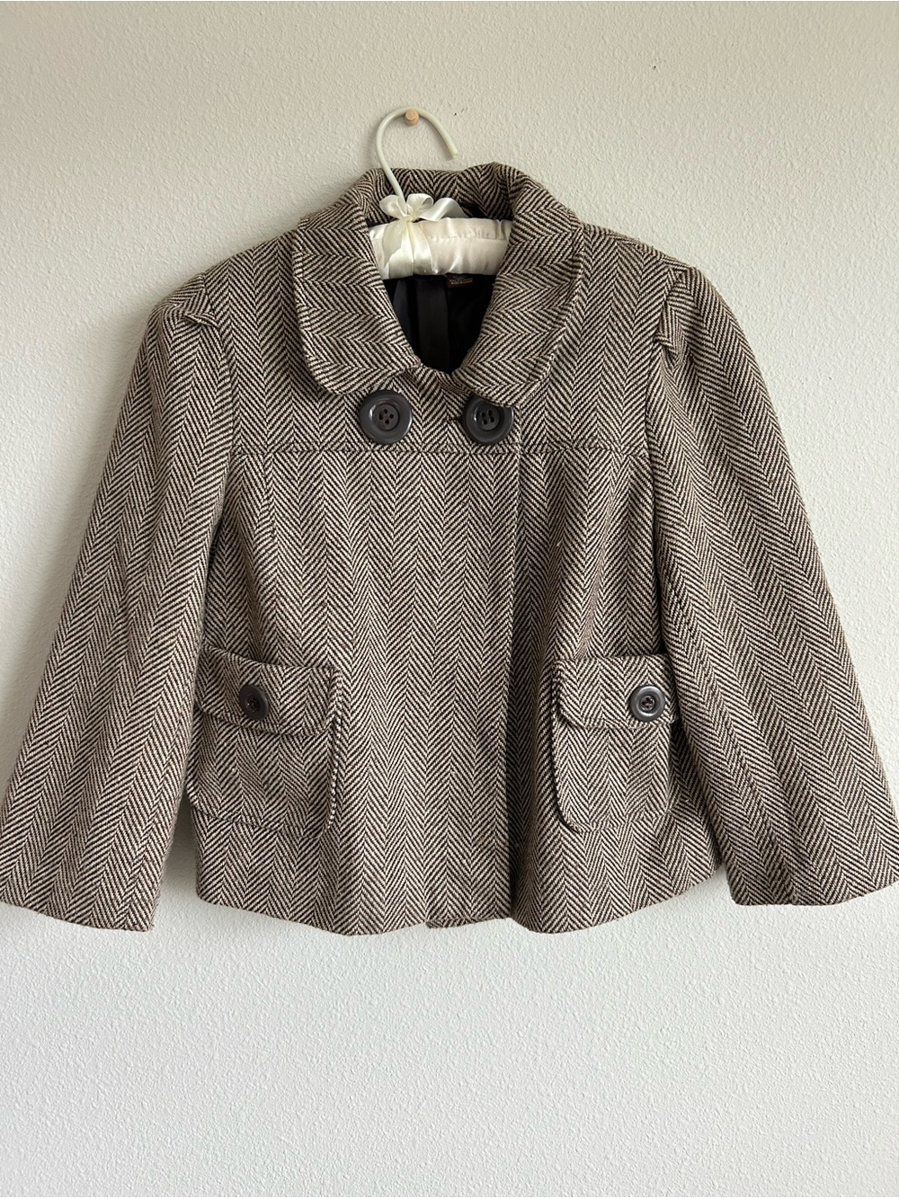 Y2K MaxRave Herringbone Cropped Peacoat Jacket in Brown - Classic Winter Layer